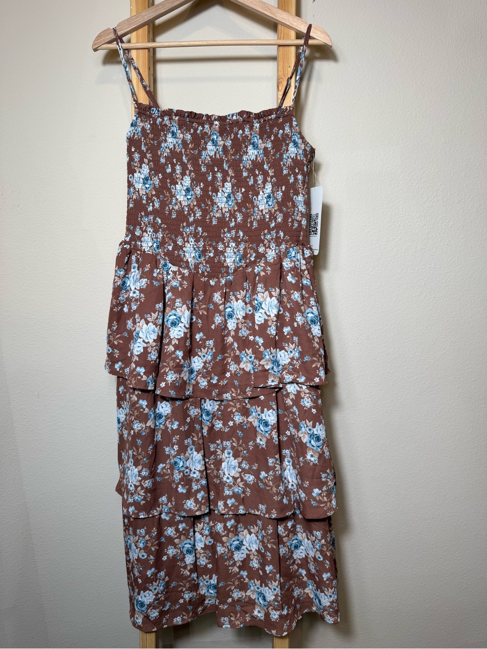 NWT Emerald Sundae Smocked Floral Tiered Midi Dress Brown Blue